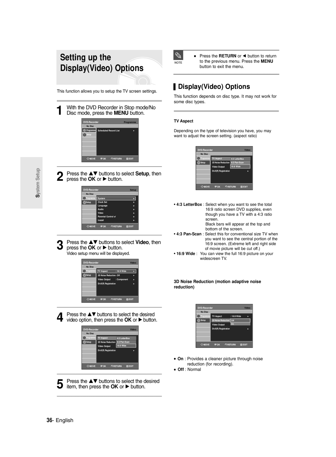 Samsung DVDR131 Setting up DisplayVideo Options, This function allows you to setup the TV screen settings, TV Aspect 