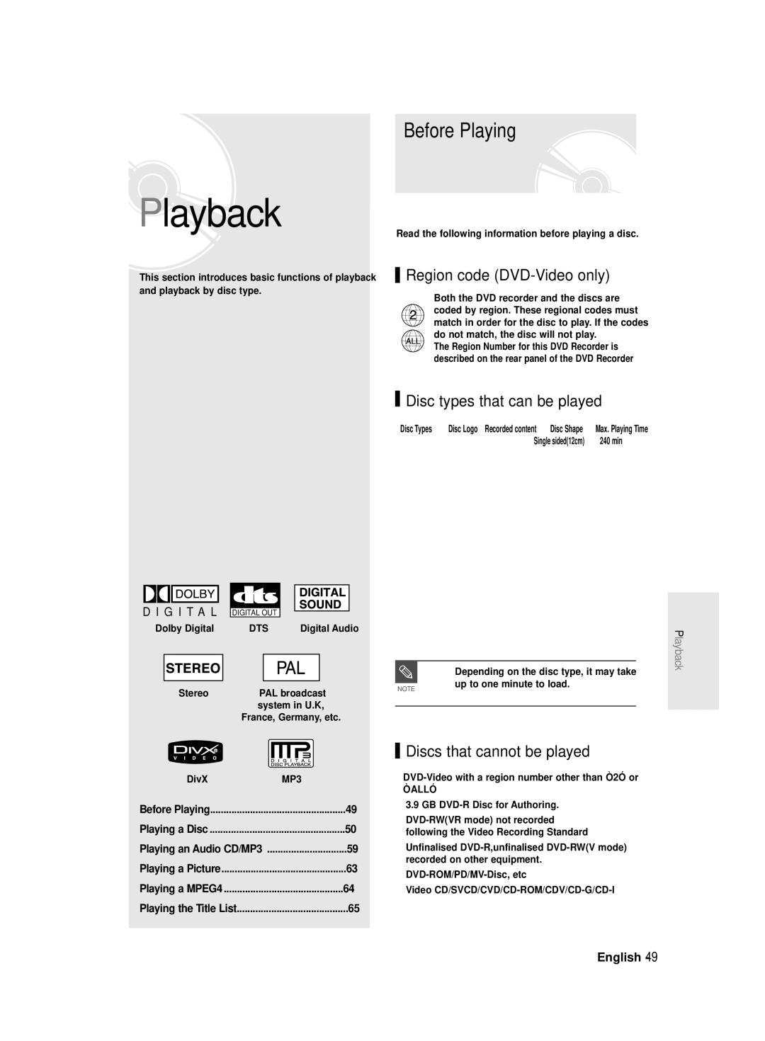 Samsung R129 DVD-R130, DVDR131, DVD-R128/X Before Playing, Region code DVD-Video only, Disc types that can be played 