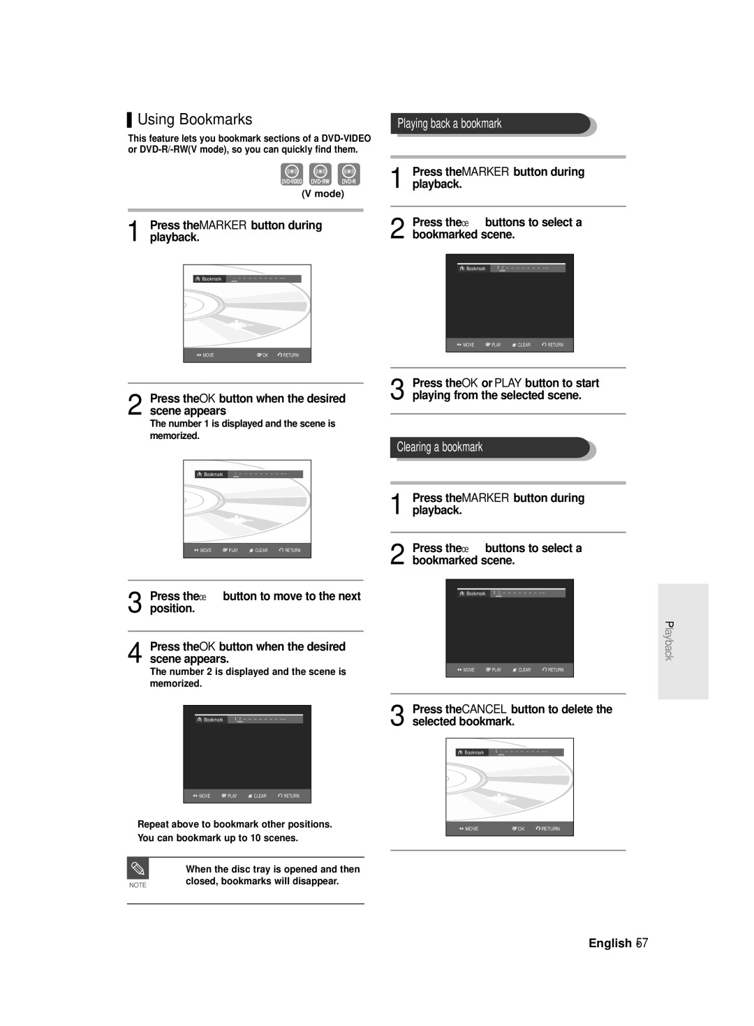 Samsung DVDR131, R129 DVD-R130, DVD-R128/X instruction manual Using Bookmarks, Playing back a bookmark, Clearing a bookmark 