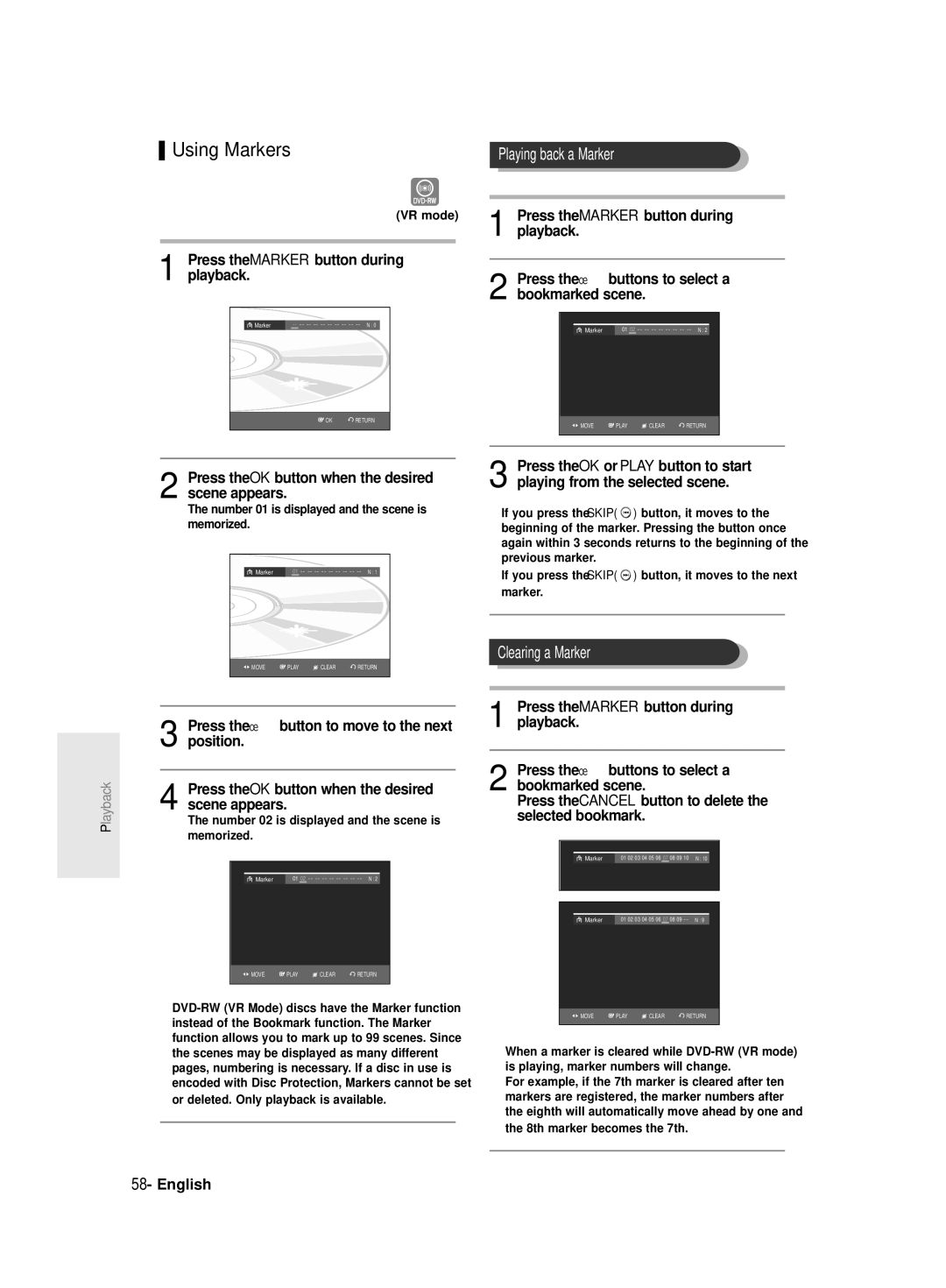 Samsung R129 DVD-R130, DVDR131, DVD-R128/X instruction manual Using Markers, Playing back a Marker, Clearing a Marker 