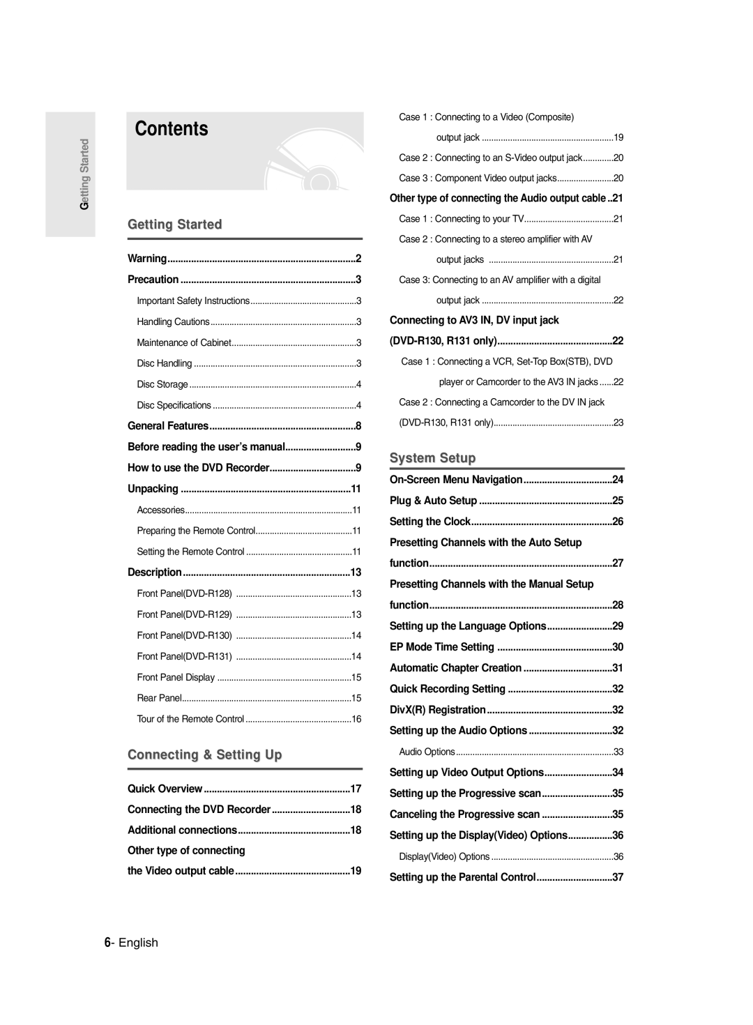 Samsung DVDR131, R129 DVD-R130, DVD-R128/X instruction manual Contents 