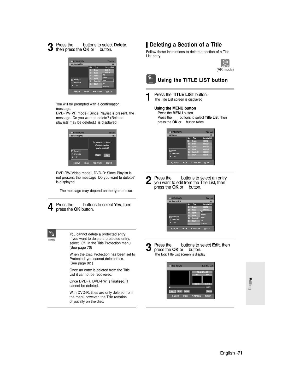 Samsung DVD-R128/X, DVDR131, R129 DVD-R130 Deleting a Section of a Title, Edit Title List screen is display 