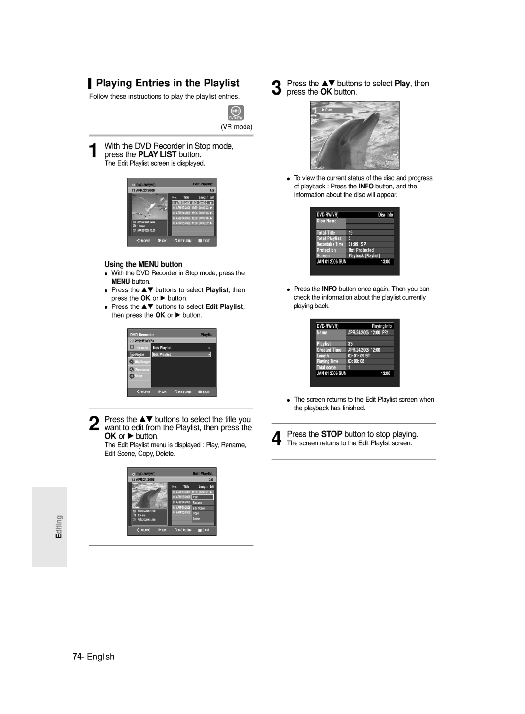 Samsung DVD-R128/X, DVDR131, R129 DVD-R130 instruction manual Playing Entries in the Playlist, Using the Menu button 