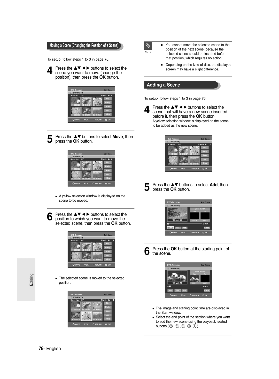 Samsung DVDR131, DVD-R128/X Adding a Scene, Press the …† œ √ buttons to select, Press the …† buttons to select Move, then 