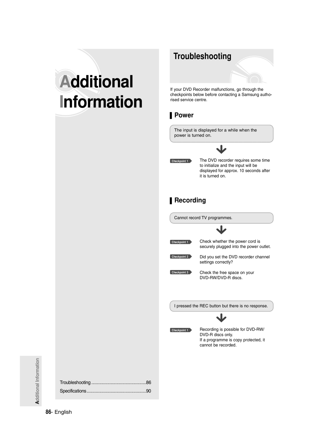 Samsung DVD-R128/X, DVDR131, R129 DVD-R130 instruction manual Troubleshooting, Power, Recording, Cannot record TV programmes 