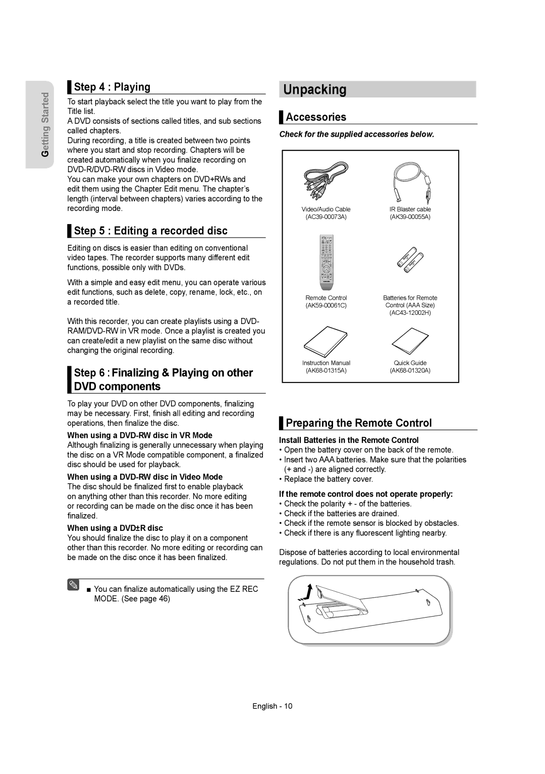 Samsung DVDR157 instruction manual Unpacking 