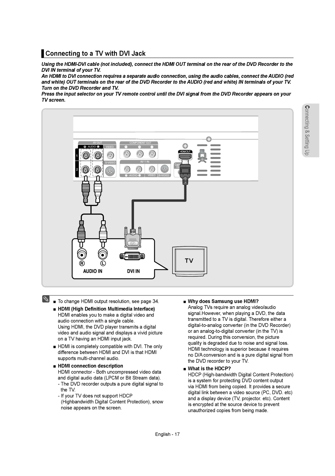 Samsung DVDR157 instruction manual Connecting to a TV with DVI Jack, Hdmi connection description 