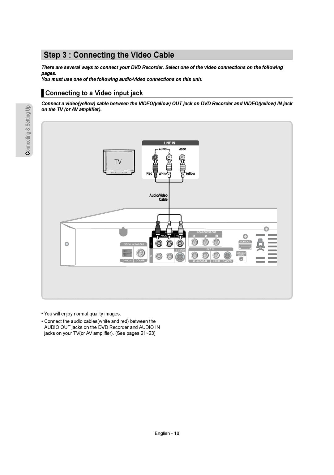 Samsung DVDR157 instruction manual Connecting the Video Cable, Connecting to a Video input jack 