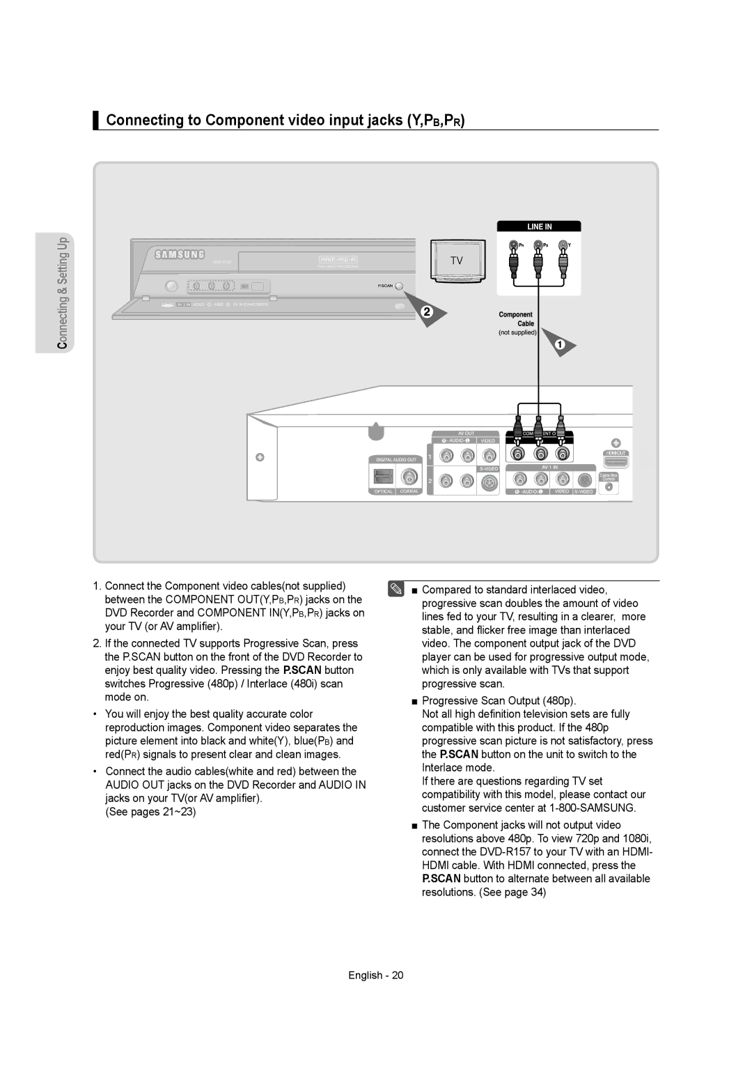 Samsung DVDR157 instruction manual Connecting to Component video input jacks Y,PB,PR 