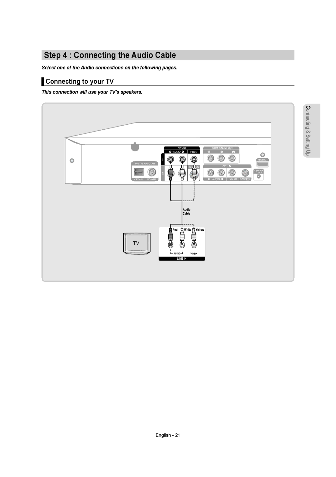 Samsung DVDR157 Connecting the Audio Cable, Connecting to your TV, This connection will use your TV’s speakers 