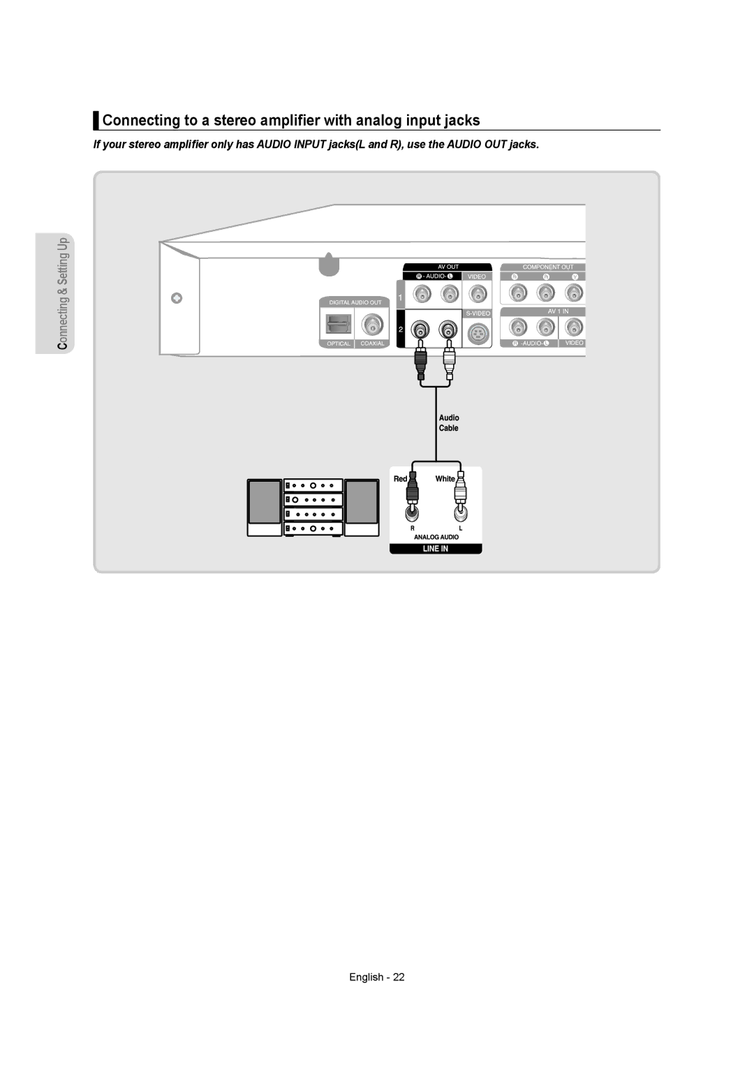 Samsung DVDR157 instruction manual Connecting to a stereo ampliﬁer with analog input jacks 