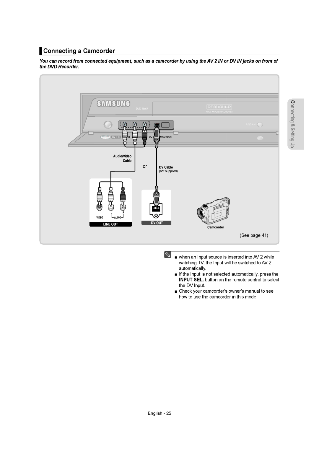 Samsung DVDR157 instruction manual Connecting a Camcorder 