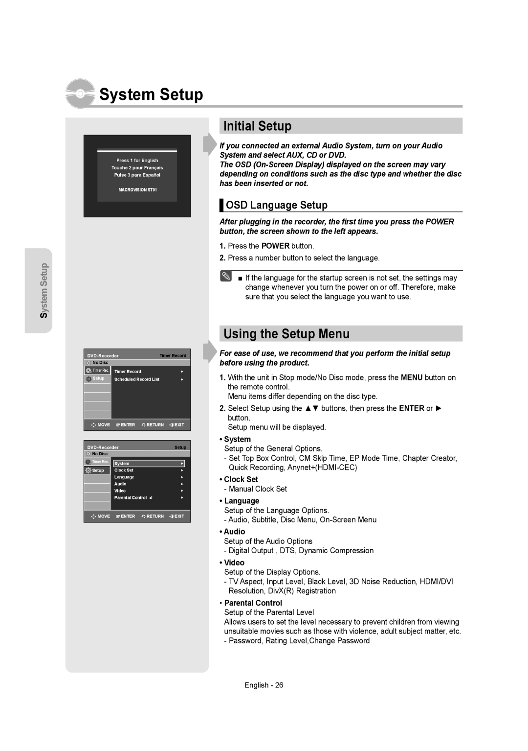 Samsung DVDR157 instruction manual Initial Setup, Using the Setup Menu, OSD Language Setup 