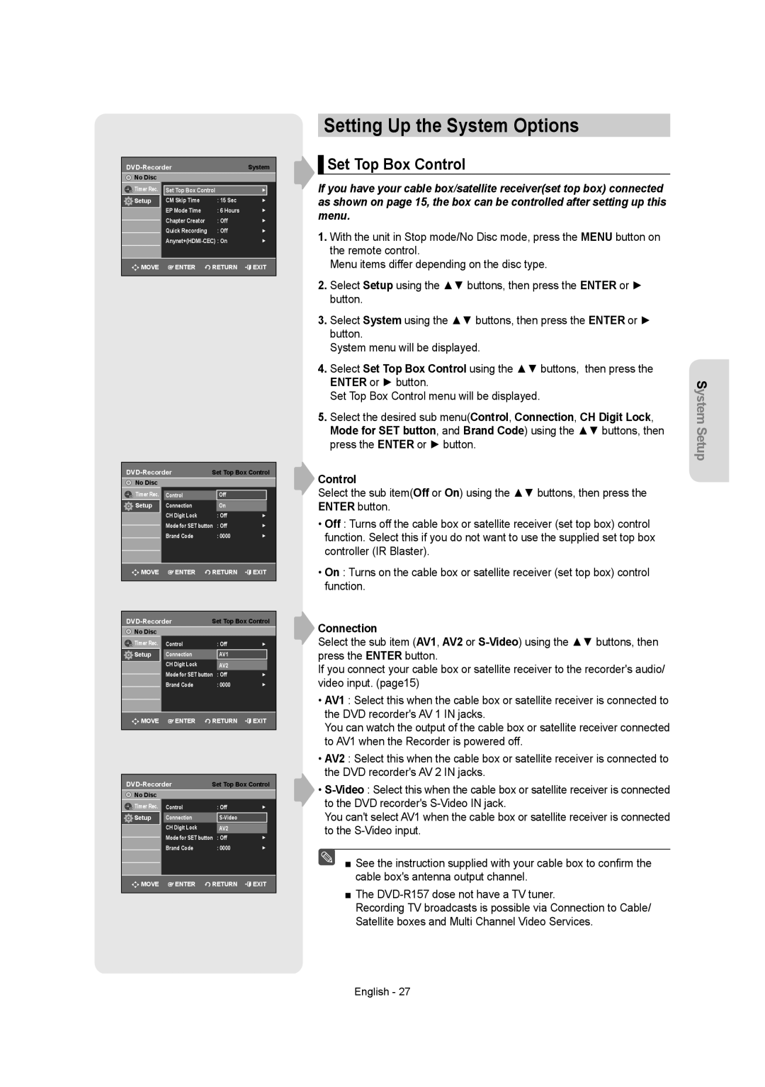 Samsung DVDR157 instruction manual Setting Up the System Options, Set Top Box Control, Connection 