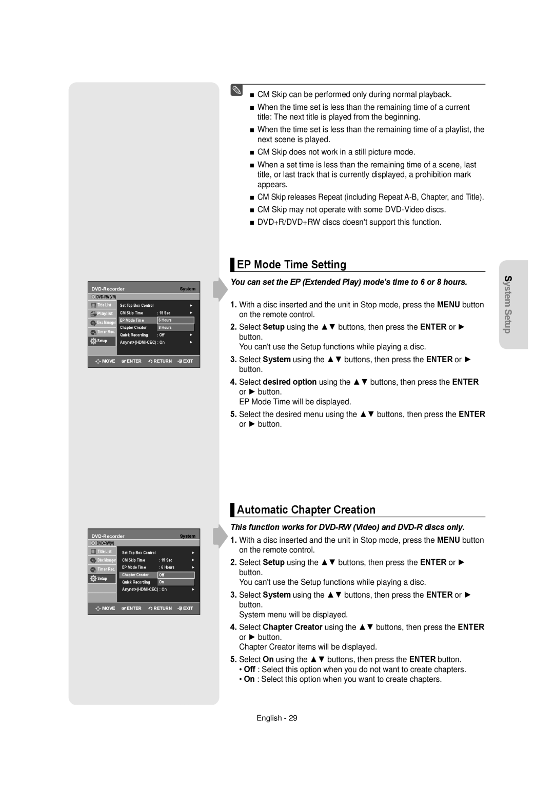 Samsung DVDR157 instruction manual EP Mode Time Setting, Automatic Chapter Creation 