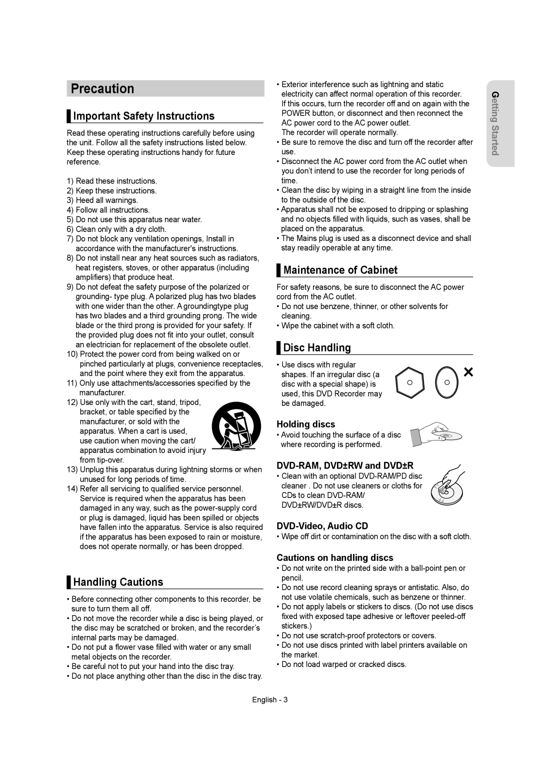 Samsung DVDR157 Precaution, Important Safety Instructions, Handling Cautions, Maintenance of Cabinet, Disc Handling 