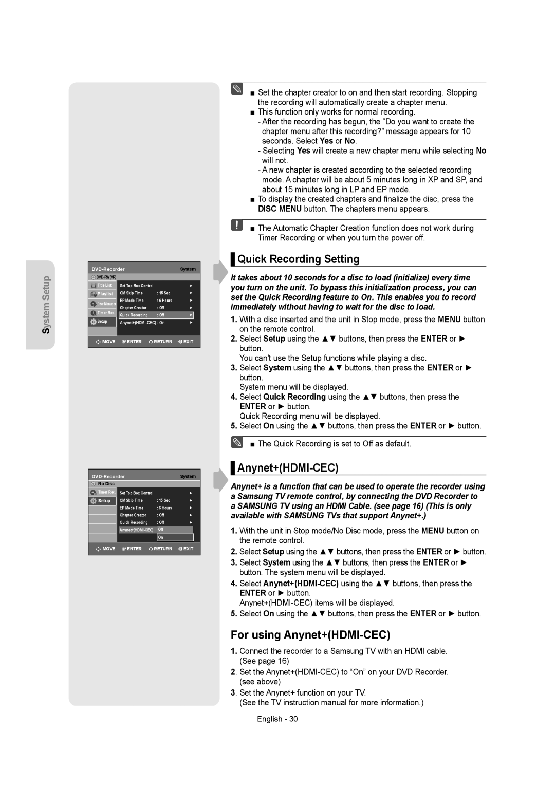 Samsung DVDR157 instruction manual Quick Recording Setting, For using Anynet+HDMI-CEC 