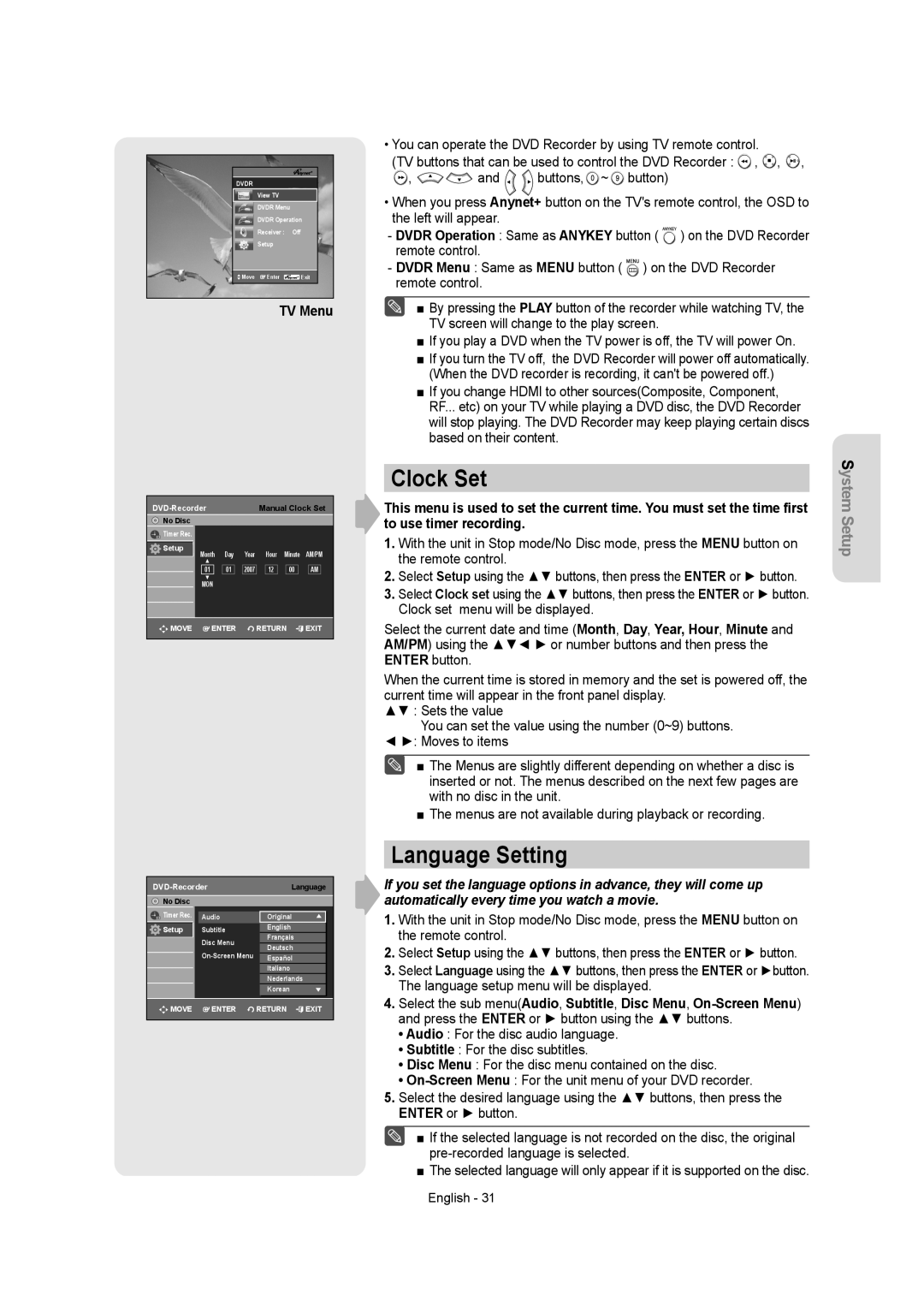 Samsung DVDR157 instruction manual Clock Set, Language Setting, TV Menu 