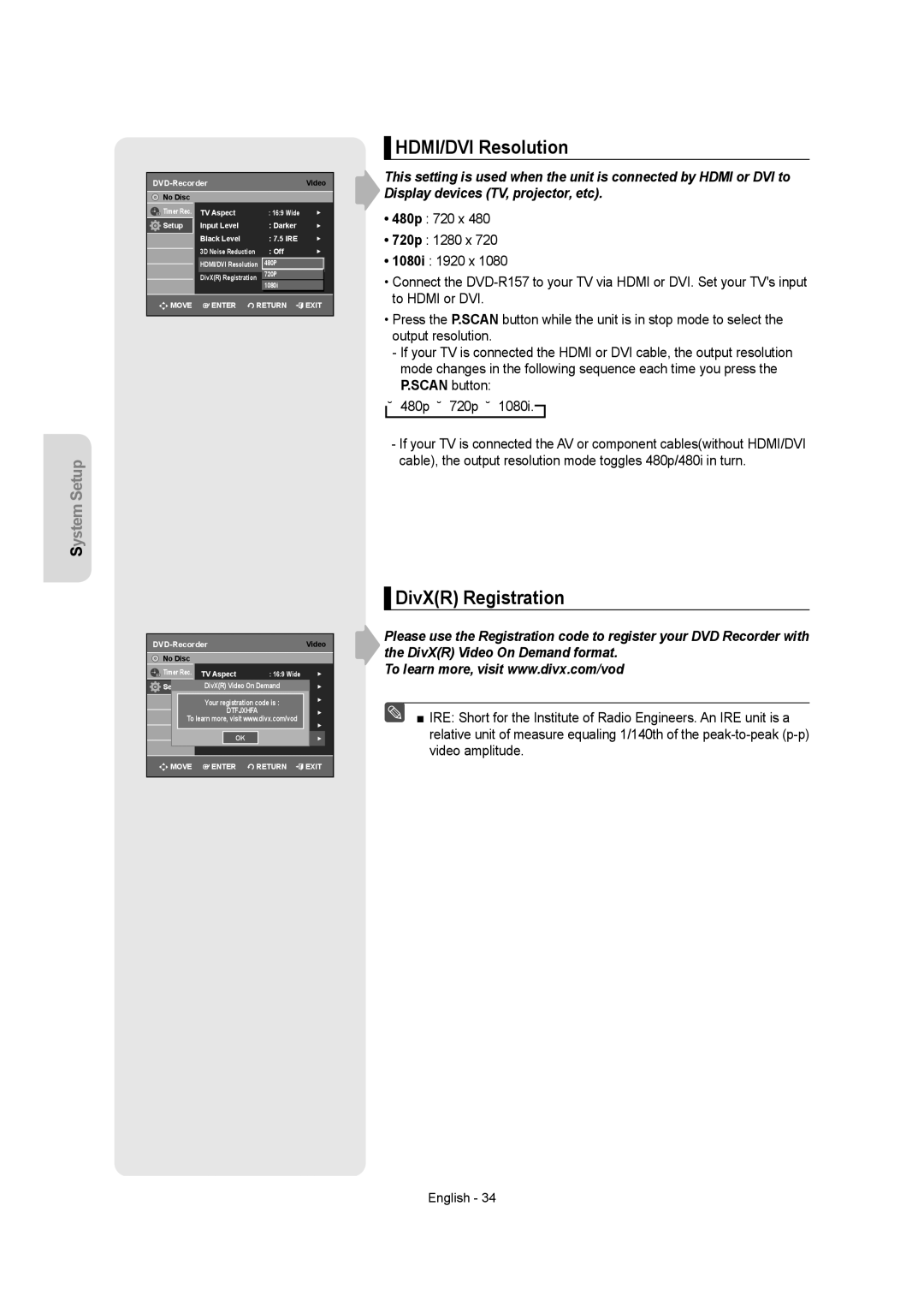 Samsung DVDR157 instruction manual HDMI/DVI Resolution, DivXR Registration 