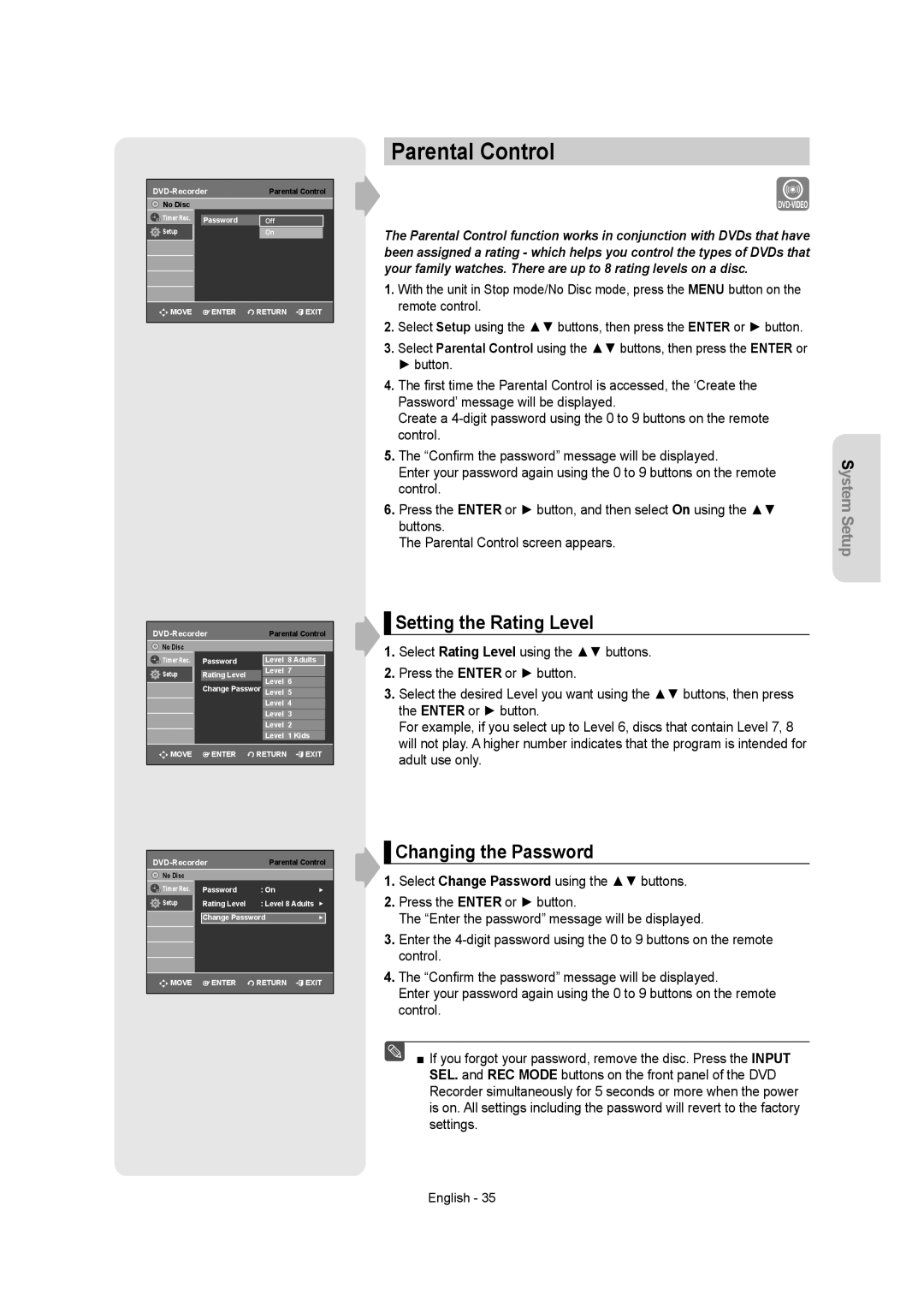 Samsung DVDR157 instruction manual Parental Control, Setting the Rating Level, Changing the Password 