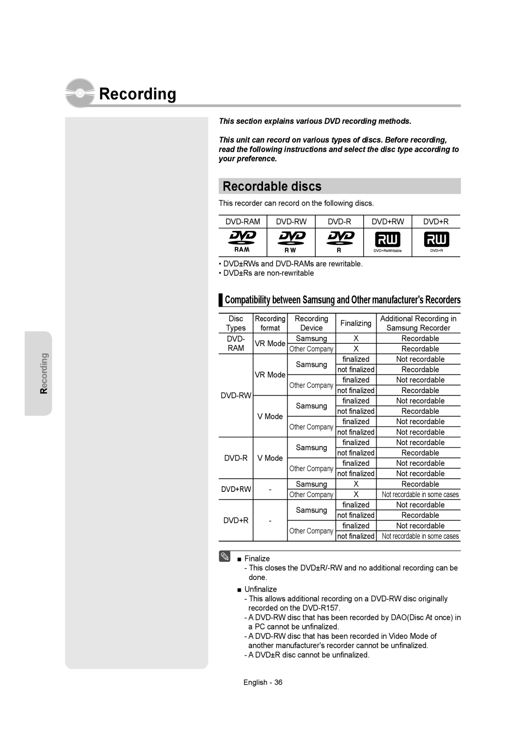 Samsung DVDR157 instruction manual Recording, Recordable discs 