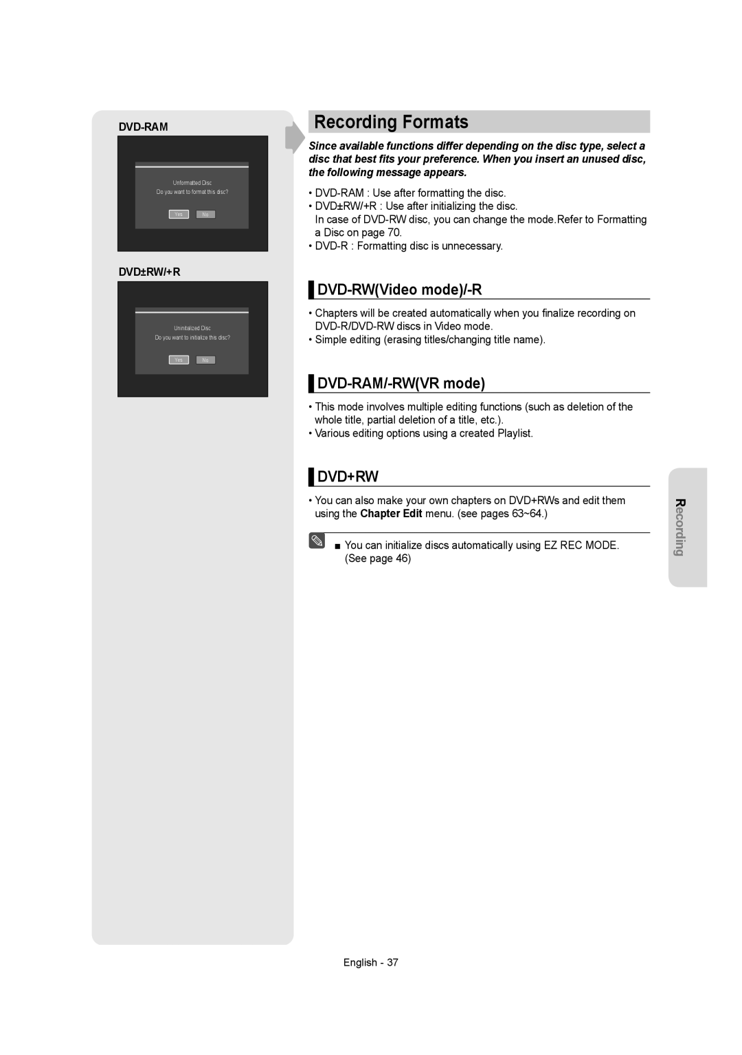 Samsung DVDR157 instruction manual Recording Formats, DVD-RWVideo mode/-R, DVD-RAM/-RWVR mode 