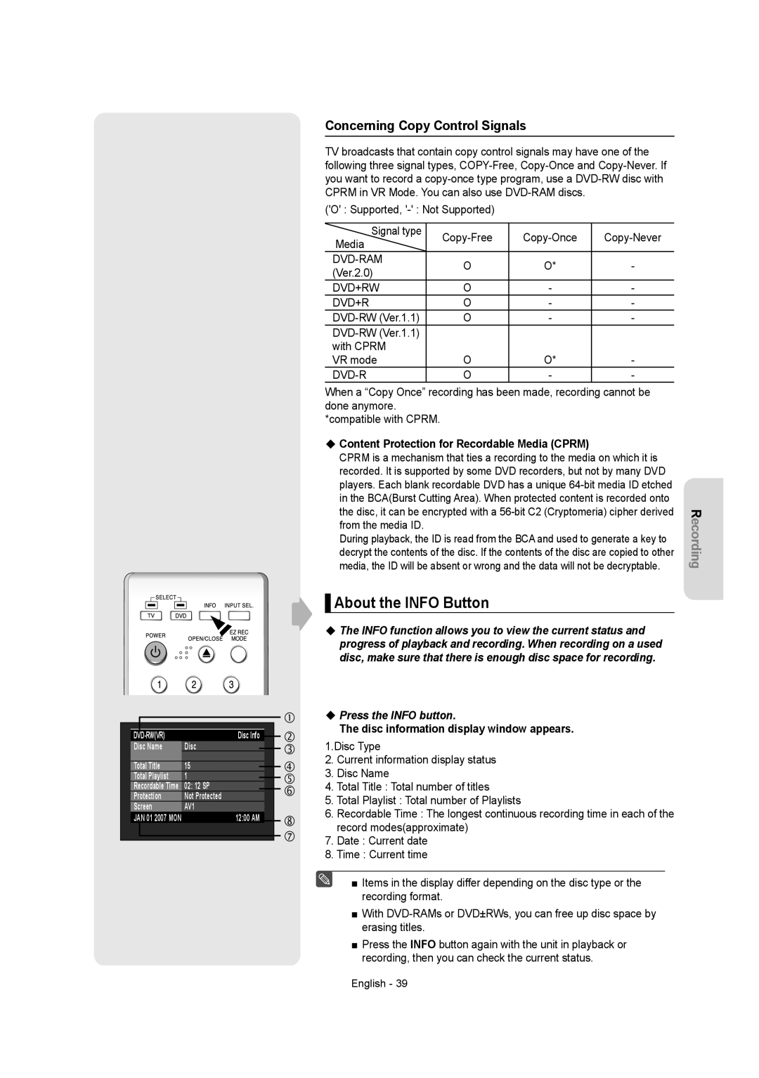 Samsung DVDR157 About the Info Button, Concerning Copy Control Signals, Content Protection for Recordable Media Cprm 