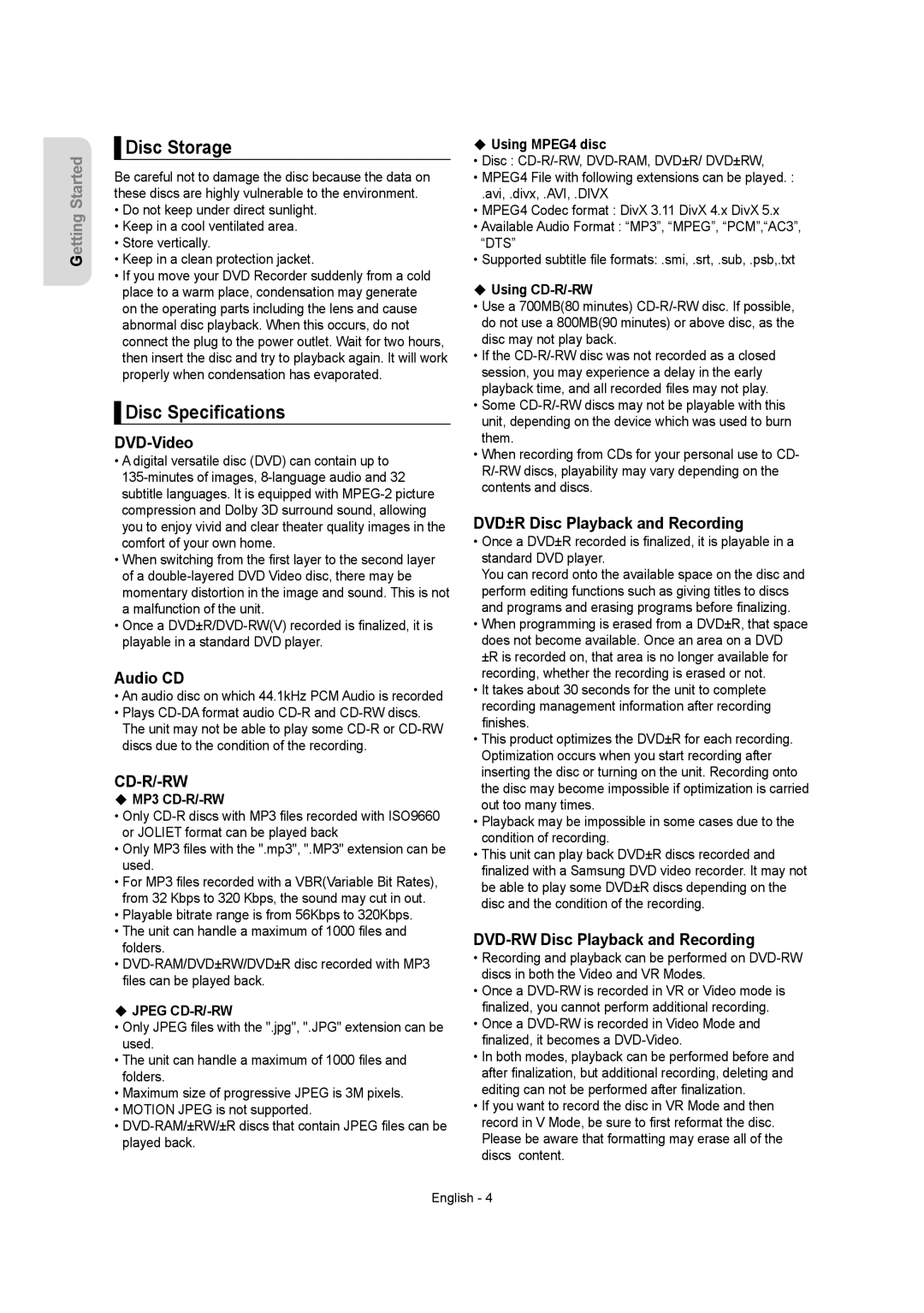 Samsung DVDR157 instruction manual Disc Storage, Disc Speciﬁcations 