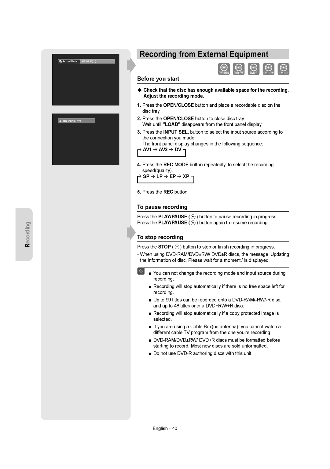 Samsung DVDR157 Recording from External Equipment, Before you start, To pause recording, To stop recording 