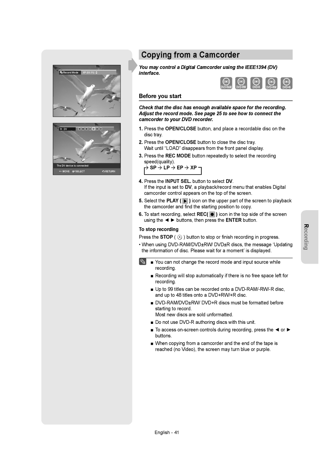 Samsung DVDR157 instruction manual Copying from a Camcorder, To stop recording 