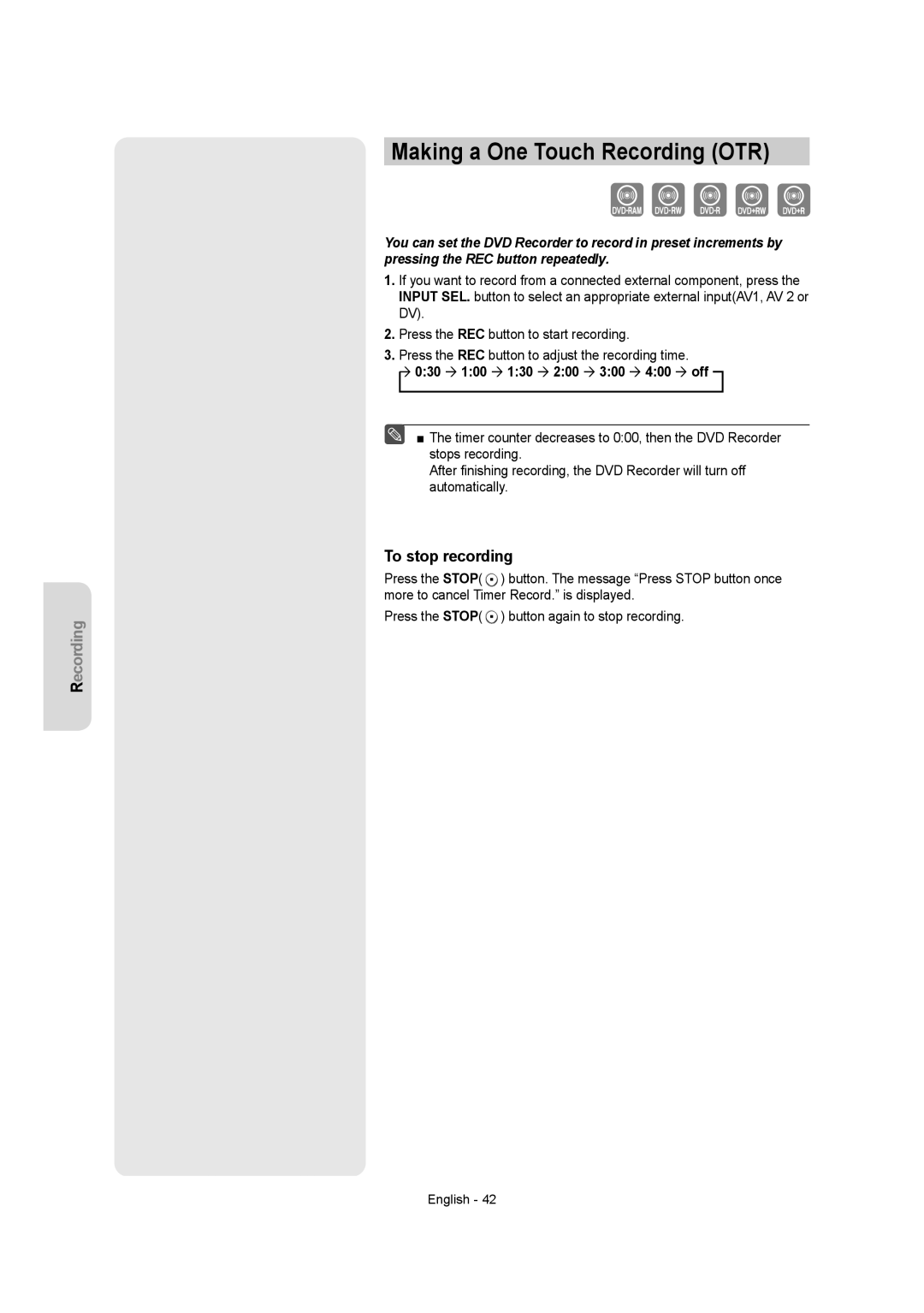 Samsung DVDR157 instruction manual Making a One Touch Recording OTR, 030 100 130 200 300 400 off 