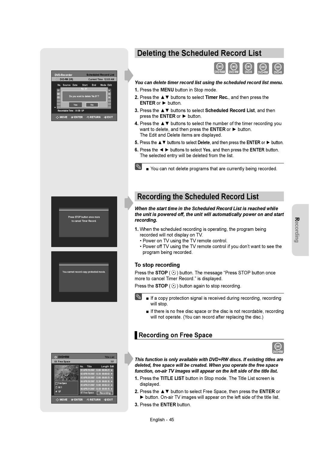 Samsung DVDR157 Deleting the Scheduled Record List, Recording the Scheduled Record List, Recording on Free Space 