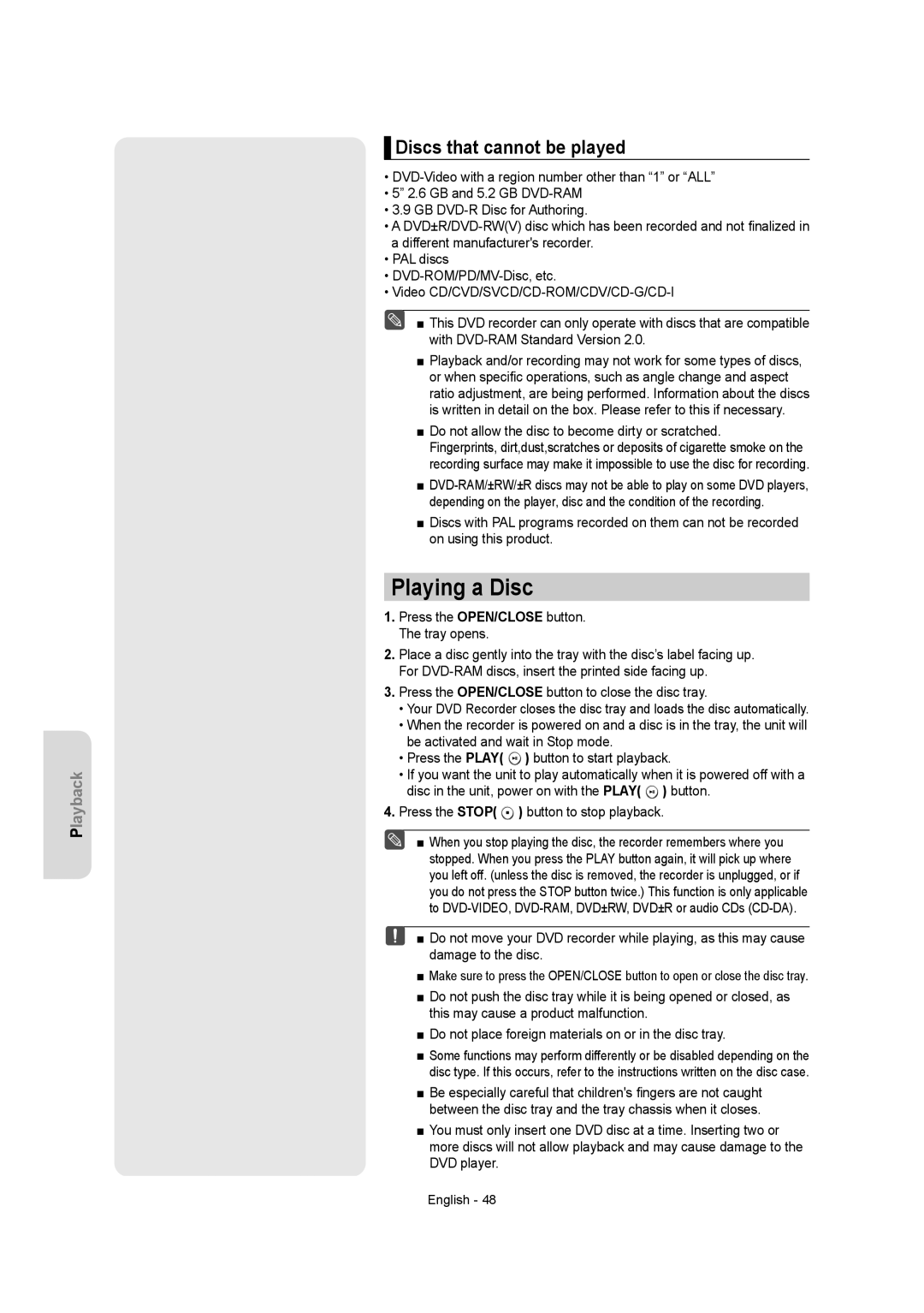 Samsung DVDR157 instruction manual Playing a Disc, Discs that cannot be played 