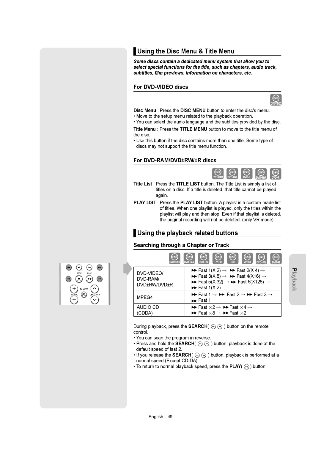 Samsung DVDR157 Using the Disc Menu & Title Menu, Using the playback related buttons, For DVD-VIDEO discs 