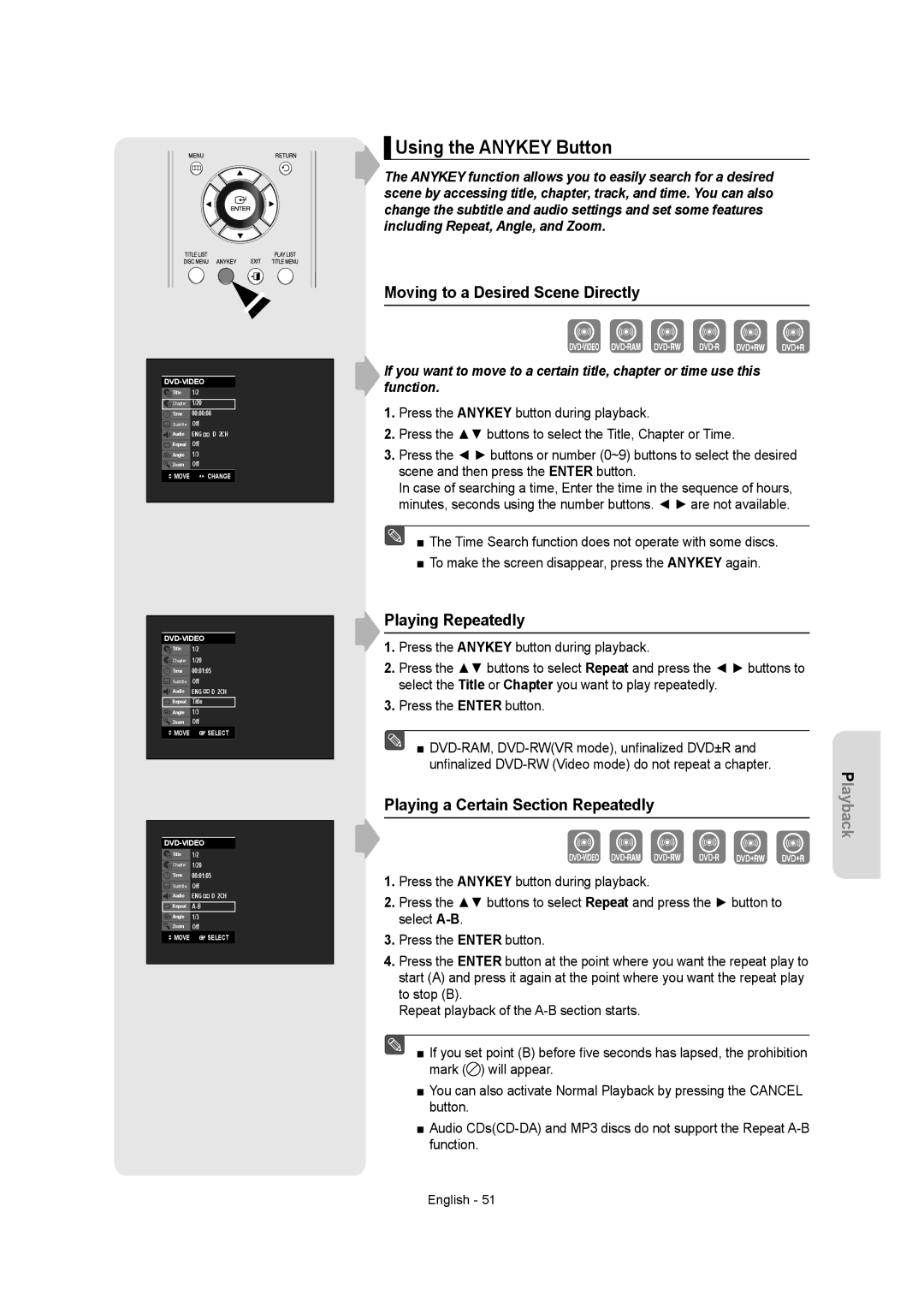 Samsung DVDR157 instruction manual Using the Anykey Button, Moving to a Desired Scene Directly, Playing Repeatedly 