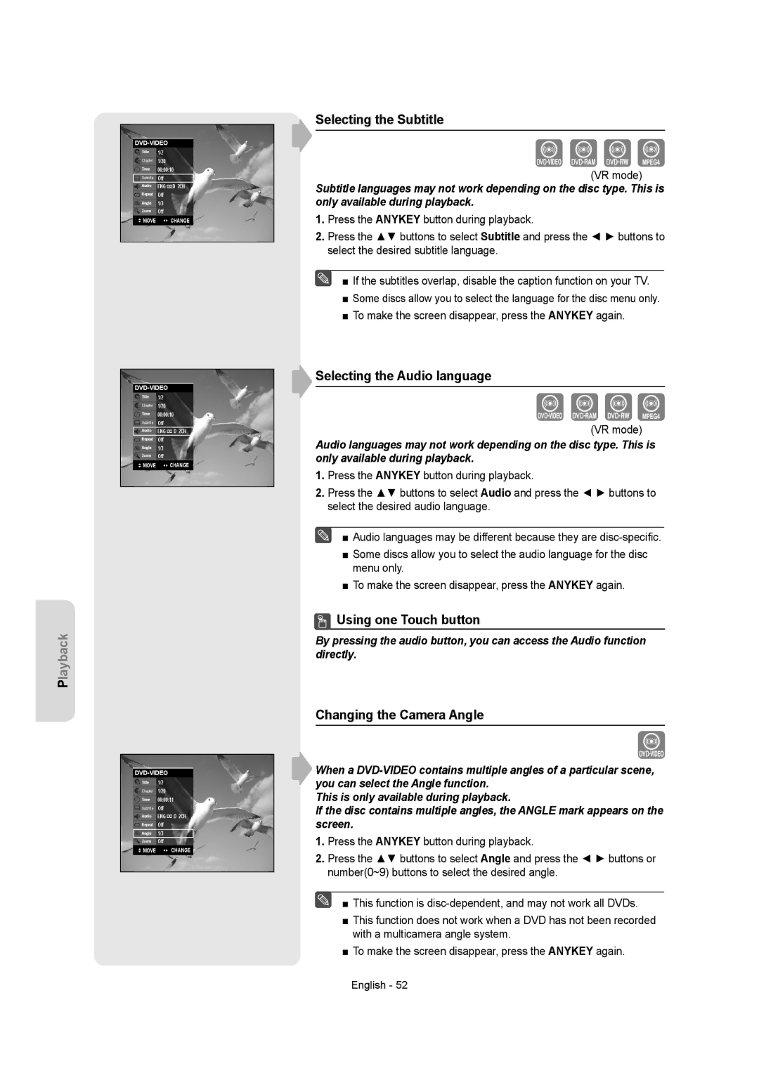 Samsung DVDR157 Selecting the Subtitle, Selecting the Audio language, Using one Touch button, Changing the Camera Angle 