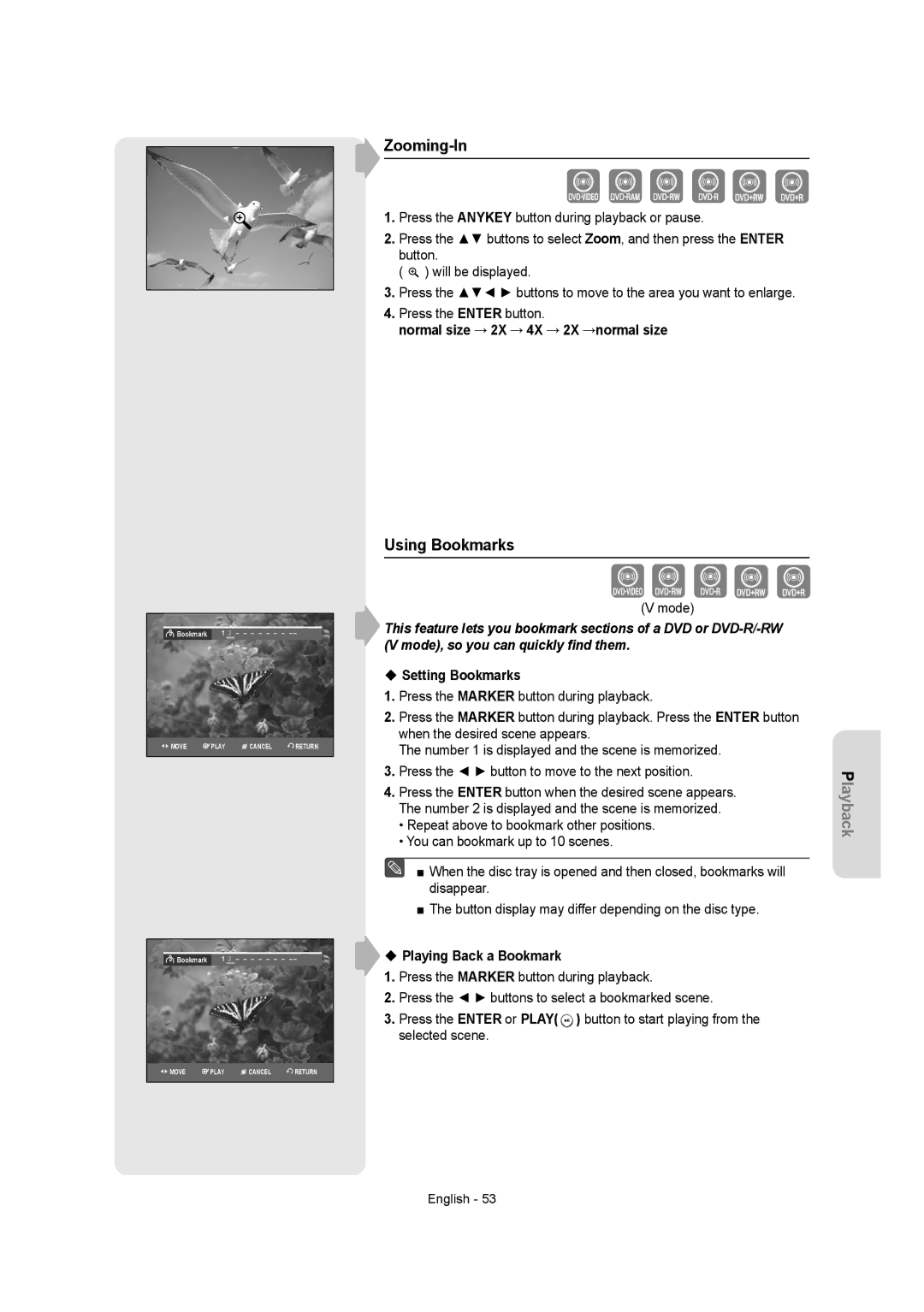 Samsung DVDR157 instruction manual Zooming-In, Using Bookmarks, Normal size → 2X → 4X → 2X →normal size, Setting Bookmarks 