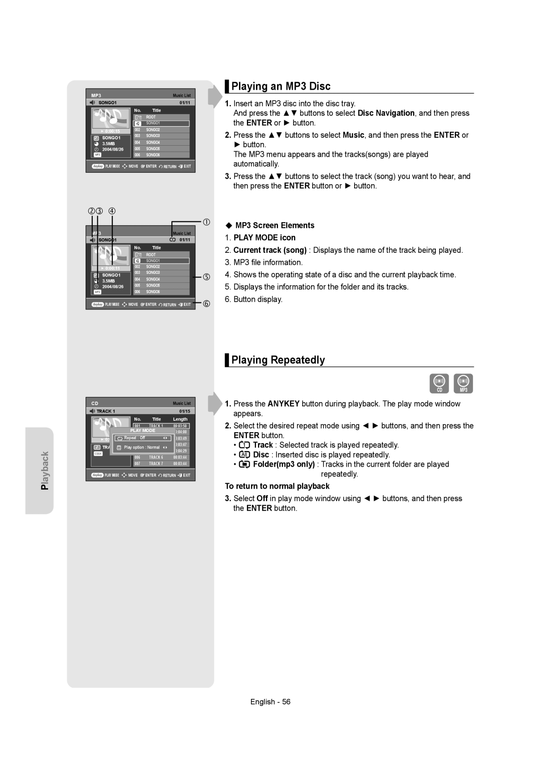 Samsung DVDR157 Playing an MP3 Disc, Playing Repeatedly, MP3 Screen Elements Play Mode icon, To return to normal playback 