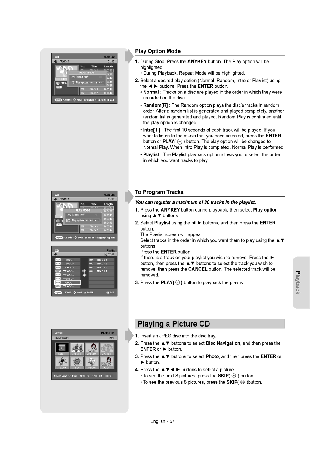 Samsung DVDR157 instruction manual Playing a Picture CD, Play Option Mode, To Program Tracks 