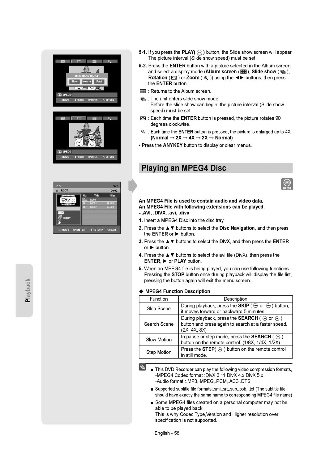 Samsung DVDR157 instruction manual Playing an MPEG4 Disc, MPEG4 Function Description 