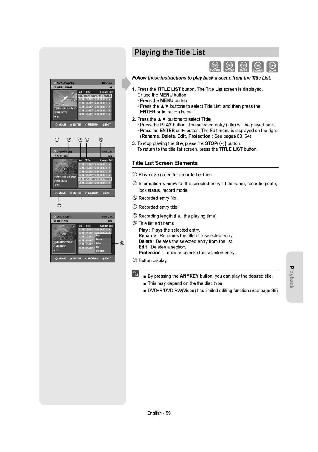 Samsung DVDR157 instruction manual Playing the Title List, Title List Screen Elements 