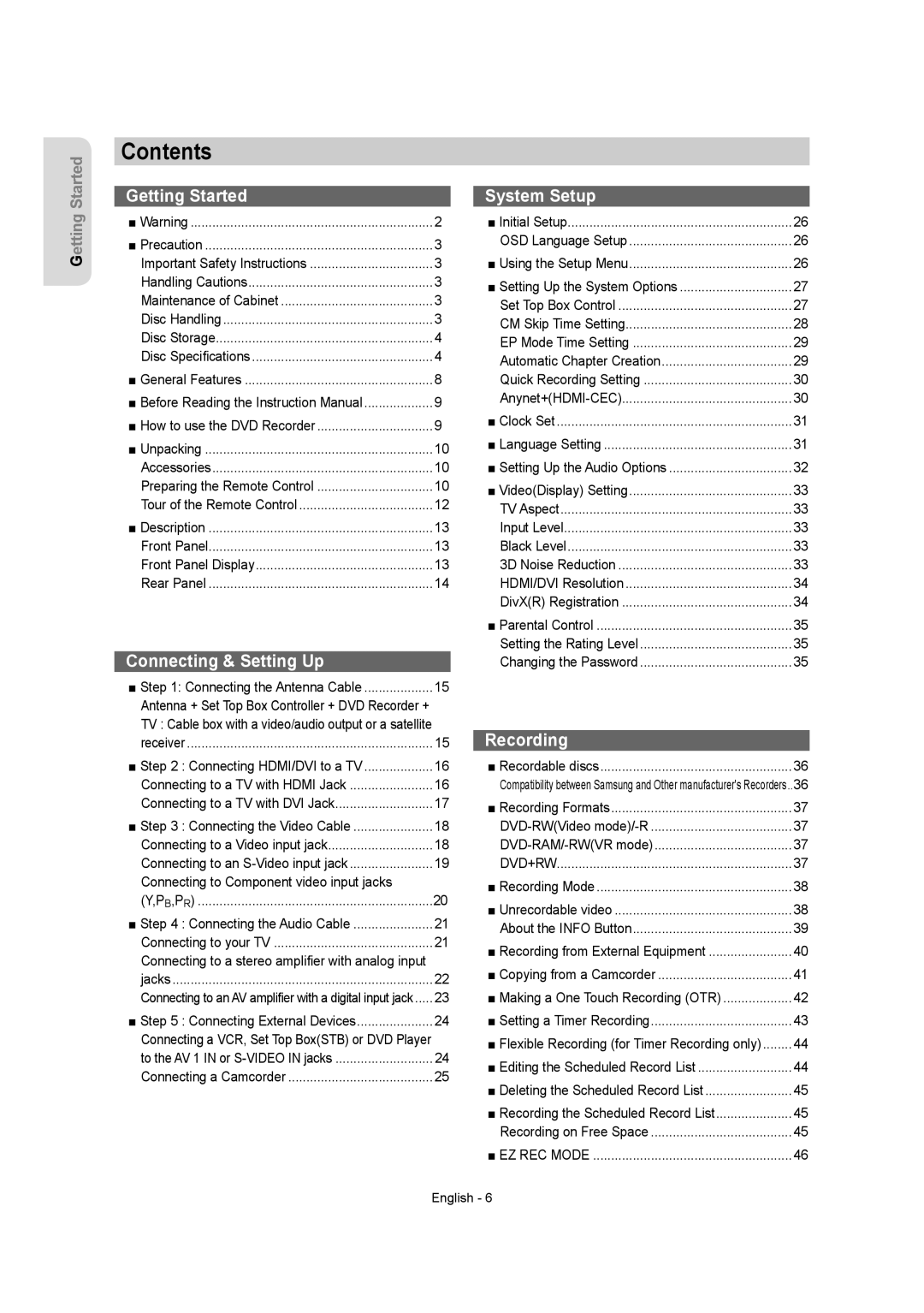 Samsung DVDR157 instruction manual Contents 