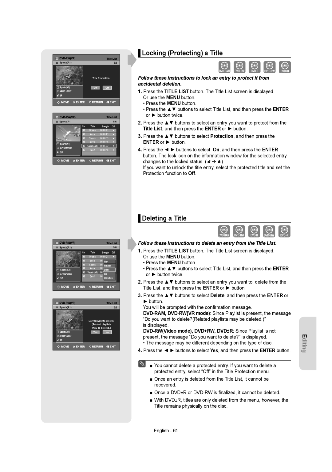 Samsung DVDR157 instruction manual Locking Protecting a Title, Deleting a Title 