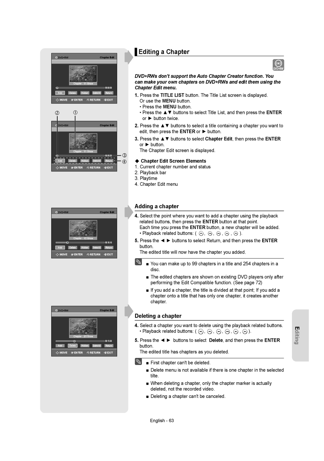 Samsung DVDR157 instruction manual Editing a Chapter, Adding a chapter, Deleting a chapter, Chapter Edit Screen Elements 