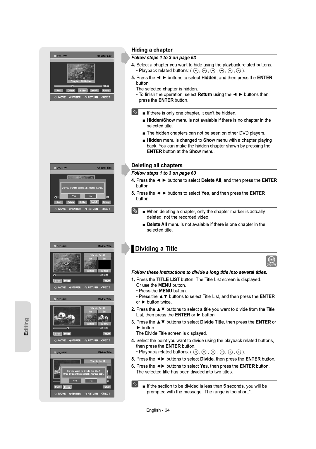 Samsung DVDR157 instruction manual Dividing a Title, Hiding a chapter, Deleting all chapters, Follow steps 1 to 3 on 