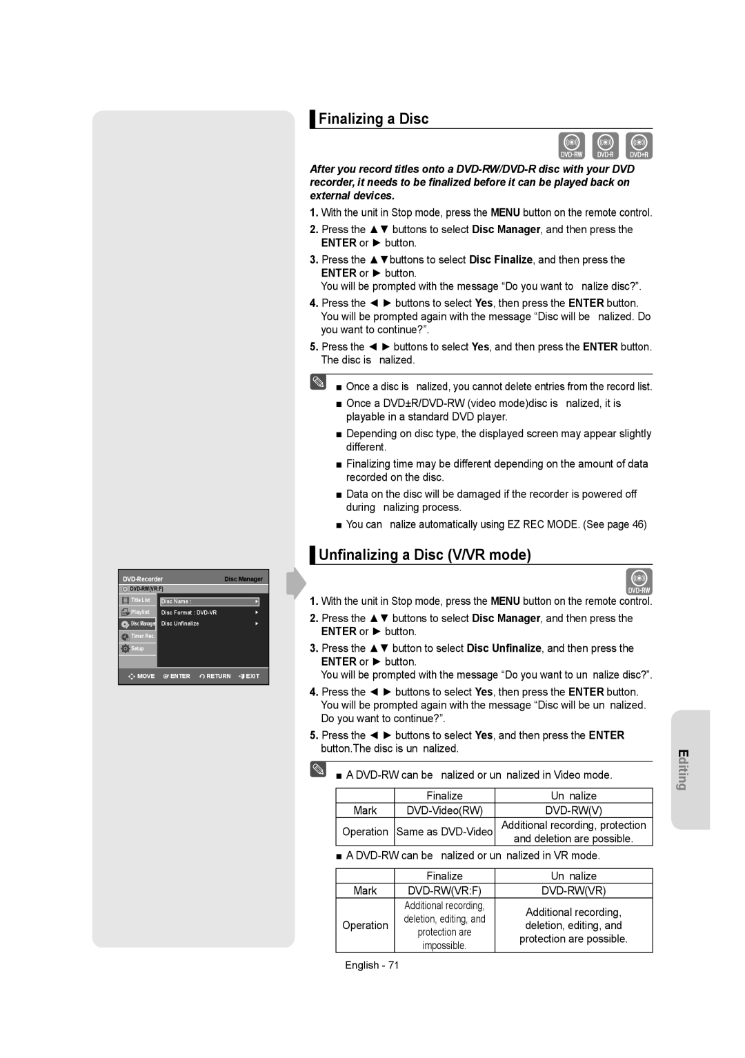 Samsung DVDR157 instruction manual Finalizing a Disc, Unﬁnalizing a Disc V/VR mode 