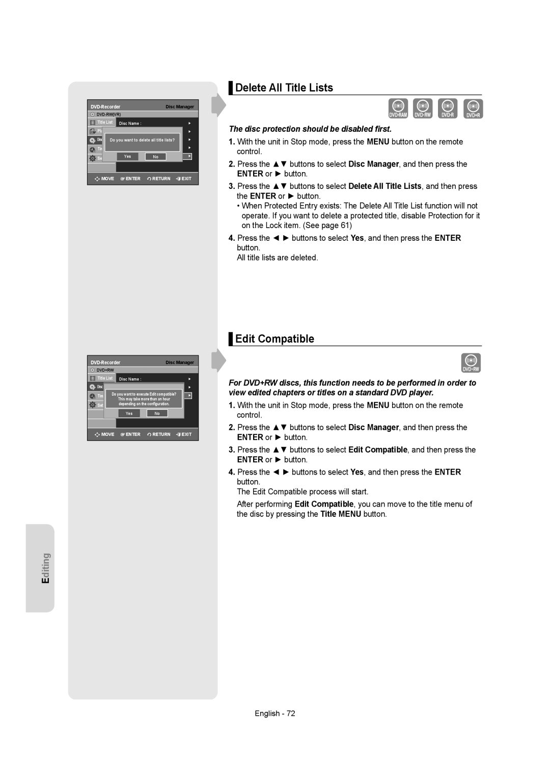 Samsung DVDR157 instruction manual Delete All Title Lists, Edit Compatible, Disc protection should be disabled ﬁrst 