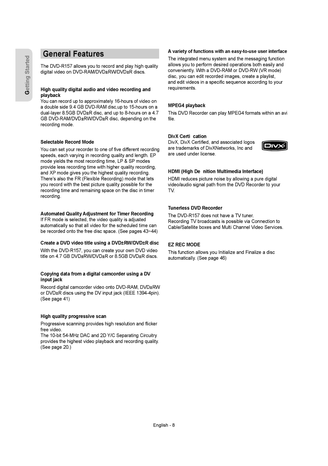 Samsung DVDR157 instruction manual General Features 