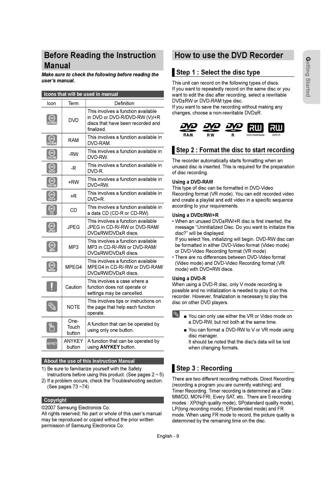 Samsung DVDR157 instruction manual How to use the DVD Recorder, Select the disc type, Recording 