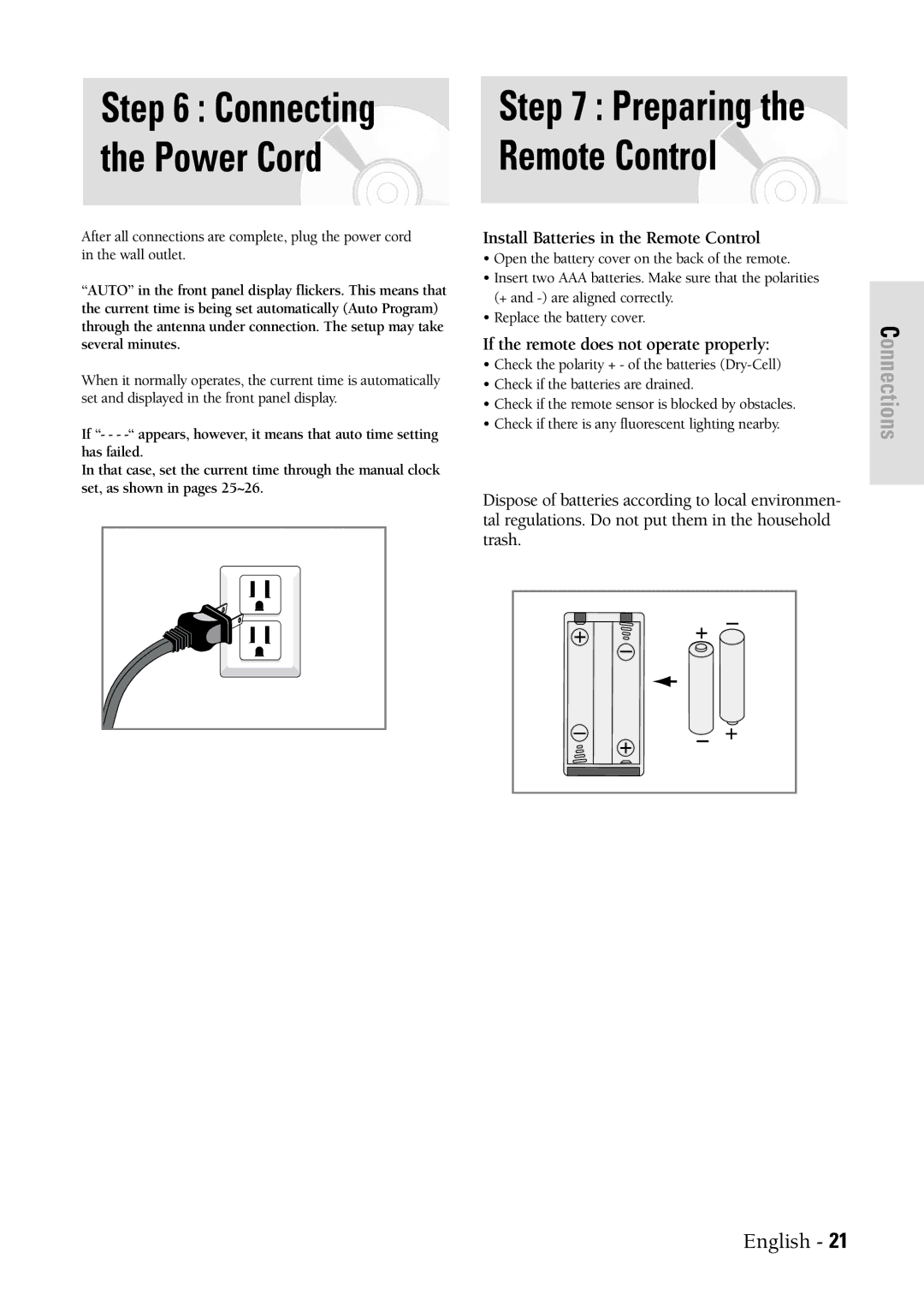 Samsung DVDVR300 instruction manual Power Cord Remote Control, Install Batteries in the Remote Control 